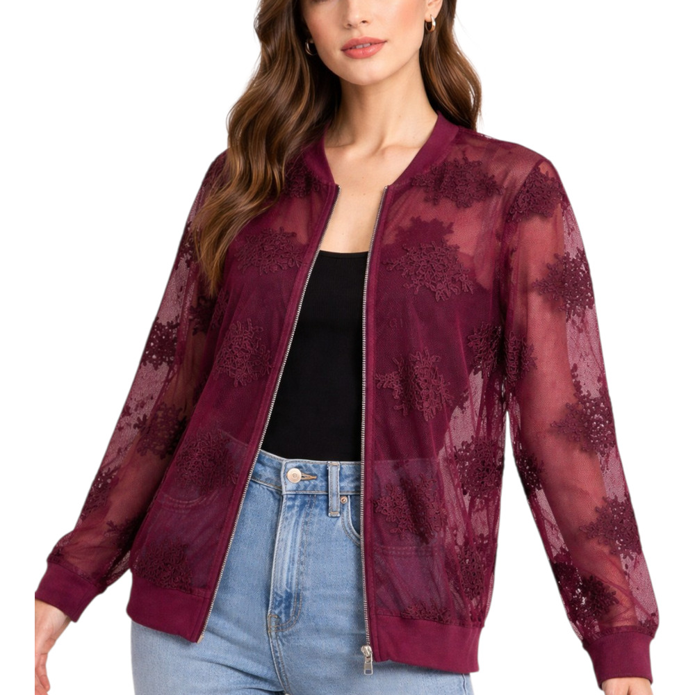 TORRID 2 Women's Plus 18 20 Sheer Mesh Jacket Burgundy Embroidered Full Zip 50"